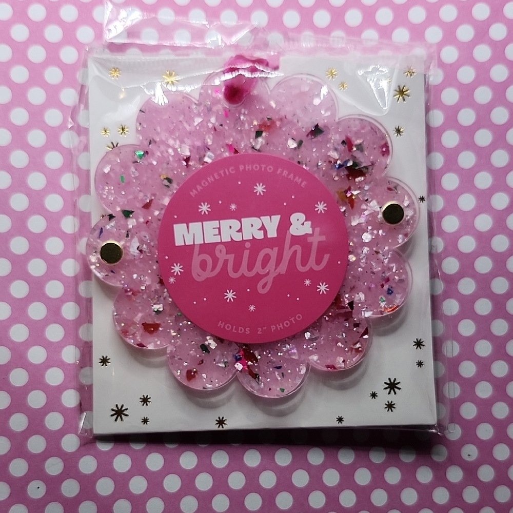 Pink Glitter Magnetic Christmas Photo Frame - Merry & Bright
